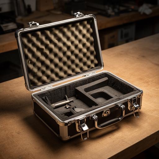 Estuche rígido abierto sobre mesa de taller, con interior acolchado y cierre metálico visible