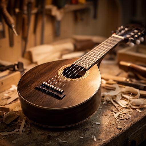 Charango artesanal sobre banco de trabajo, con barniz satinado y luz cálida del taller