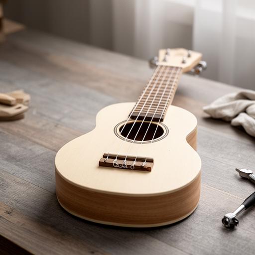 Ukelele de madera clara sobre una mesa con encordado nuevo y luz suave de ventana