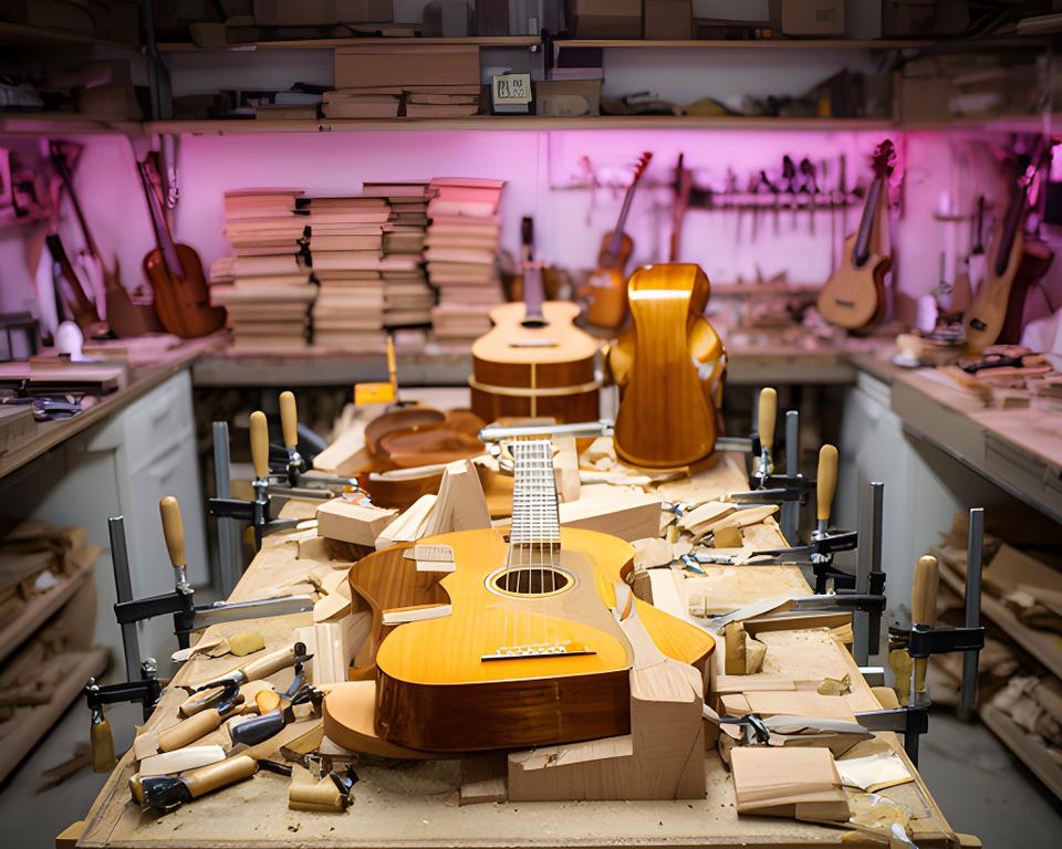 Taller de luthería repleto de herramientas, maderas apiladas y una mesa de trabajo con instrumentos en proceso
