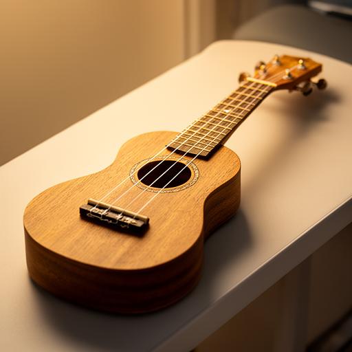 Ukelele más pedido sobre banco claro, con cuerdas nuevas y luz cálida lateral