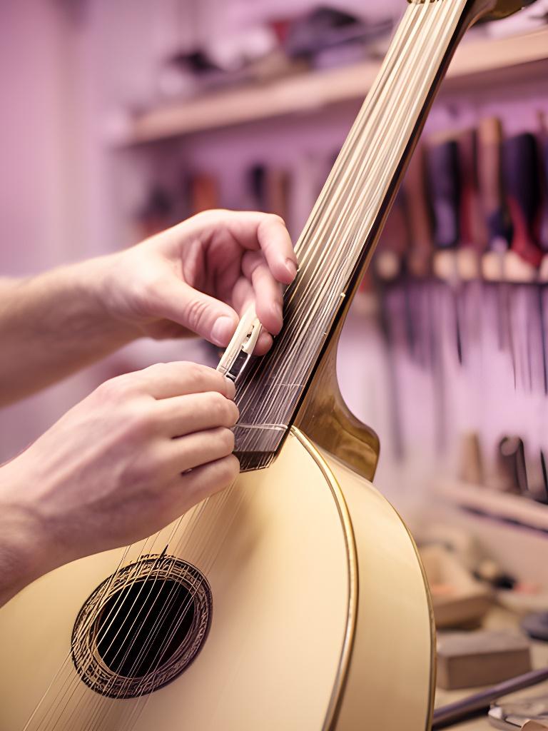 Manos de luthier revisando un instrumento musical en un taller iluminado con herramientas ordenadas
