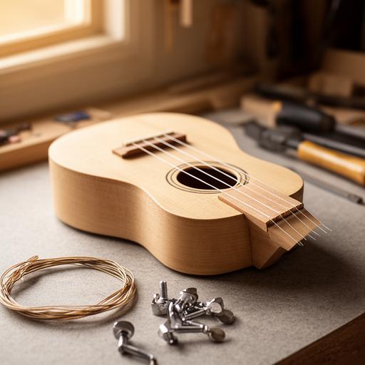 Ukelele de acabado natural junto a cuerdas y clavijas sobre una mesa de luthería
