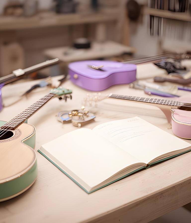 Mesa de trabajo con instrumentos musicales y una libreta abierta en un taller iluminado, mostrando un ambiente artesanal y ordenado