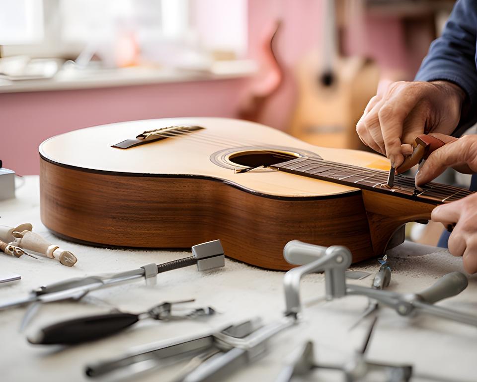 Luthier trabajando sobre una guitarra acústica en un taller luminoso con herramientas ordenadas