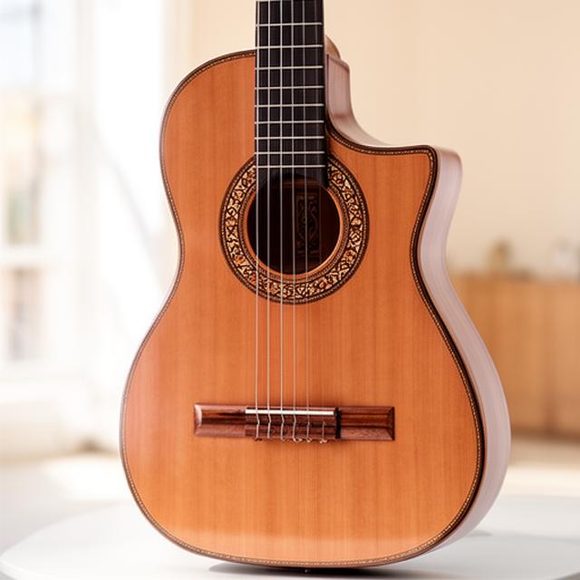 Guitarra criolla artesanal apoyada en una sala luminosa, con detalle de caja armónica y roseta