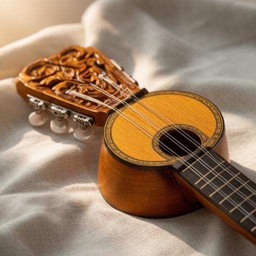 Charango popular sobre tela clara, con detalle de clavijas y caja armónica artesanal