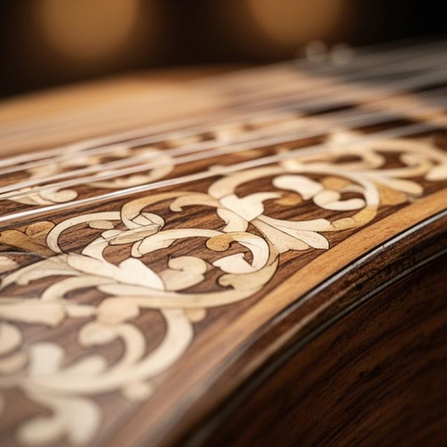 Detalle de incrustaciones finas y fileteados sobre la tapa de un instrumento musical artesanal