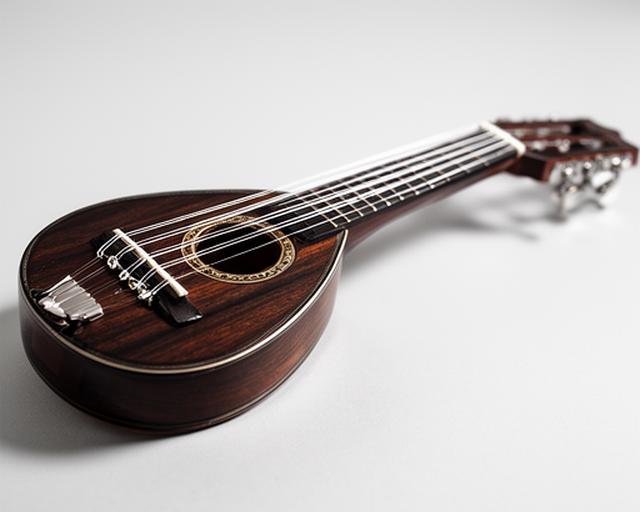 Charango artesanal sobre fondo claro, con cuerdas brillantes y detalles de madera oscura