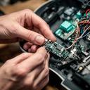 Técnico de electrónica revisando cableado y componentes de un instrumento amplificado