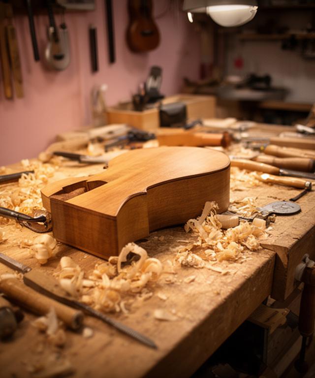 Banco de trabajo con herramientas, virutas de madera y luz cálida en el taller de instrumentos musicales